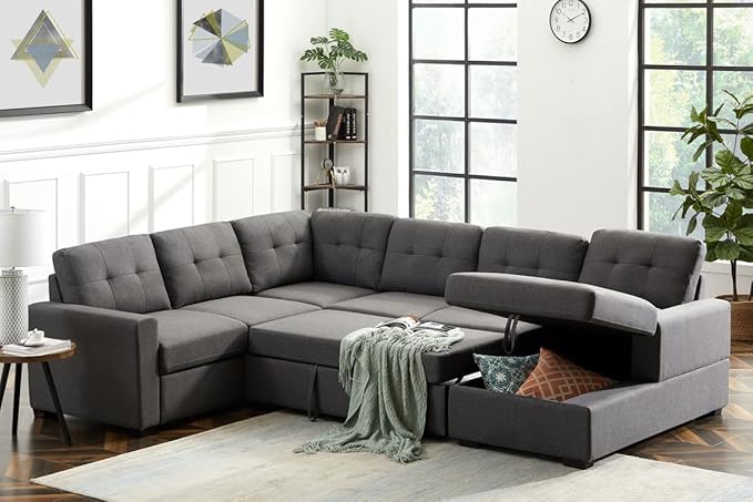 LOVMOR Living Room U Shape Large Sectional Sofa with Pull Out Sleeper Bed, Storage Chaise, Corner Couch with Arms and 2 Cup Holder for Home Furniture, Apartment, Dorm, Dark Gray, 90 Inch - LeafyLoom