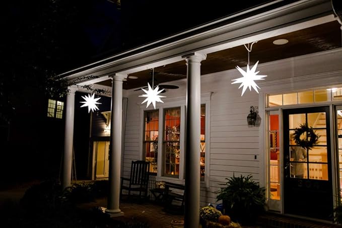 Elf Logic Large 18” Easy Assembly Warm White LED Moravian Star - Hanging Outdoor Christmas Light - Use as Holiday Decoration, Porch Light, 3D Fixture, Advent Star, Wedding & Ballroom Venue Decor - LeafyLoom