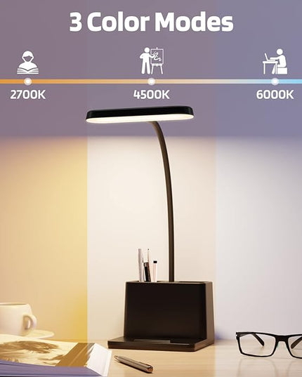 Battery Operated Desk Lamp, Small Desk Light for Home Office, Rechargeable Desktop Lamp, LED Portable Lamp with Adjustable Gooseneck, Black Study Reading Lamp for Kids - LeafyLoom