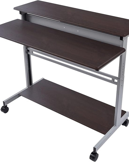 Stand Up Desk Store Rolling Adjustable Height Two Tier Standing Desk Computer Workstation (Silver Frame/Dark Walnut Top, 48" Wide) - LeafyLoom