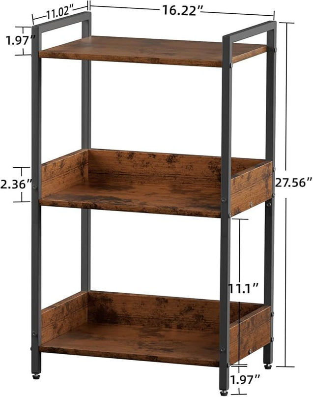 Bookshelf, 3 Tier Industrial Small Book Shelf, Small Storage Bookcase with Organizer, Freestanding Open Shelf for Small Spaces, Bedroom, Living Room, Retro Brown BS70FB - LeafyLoom