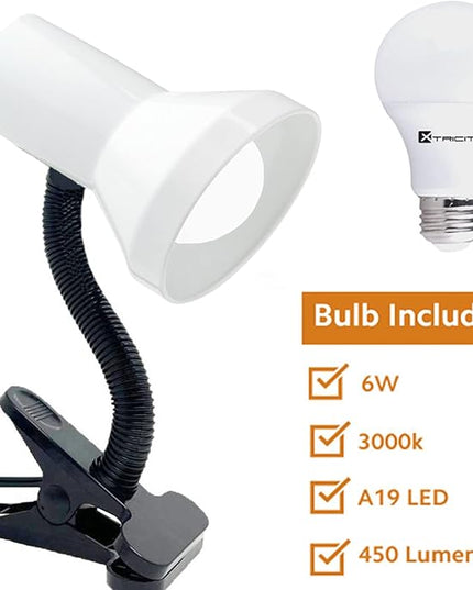 Xtricity clamp Light, Clip on Desk lamp with Adjustable Gooseneck, Clip lamp for Bed 6W A19 LED Bulb Included, 120V, Convenient On/Off Switch, White Finish - LeafyLoom