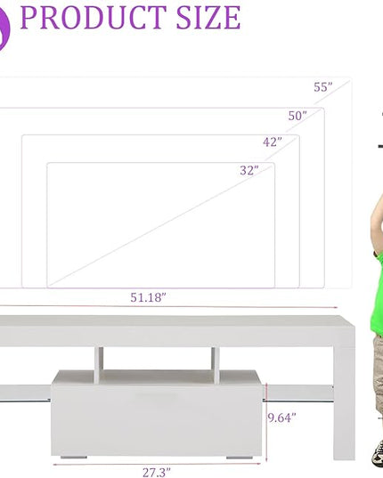 HOUAGI LED TV Stand for Televisions up to 55 Inchs,Modern Entertainment Center with Storage Drawer and Glass shelf, TV Console Table for Living room,Bedroom,White - LeafyLoom