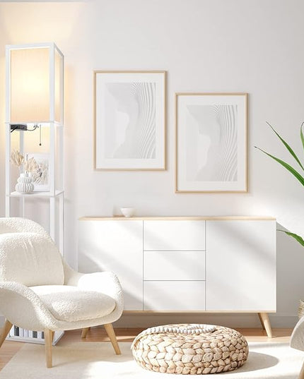 OUTON Floor Lamp with Shelves, LED Modern Shelf Floor Lamp with 2 USB Ports & Power Outlet, 3 Color Temperature, Storage Display Wood Column Standing Tall Lamp for Living Room, Bedroom, Office (White) - LeafyLoom