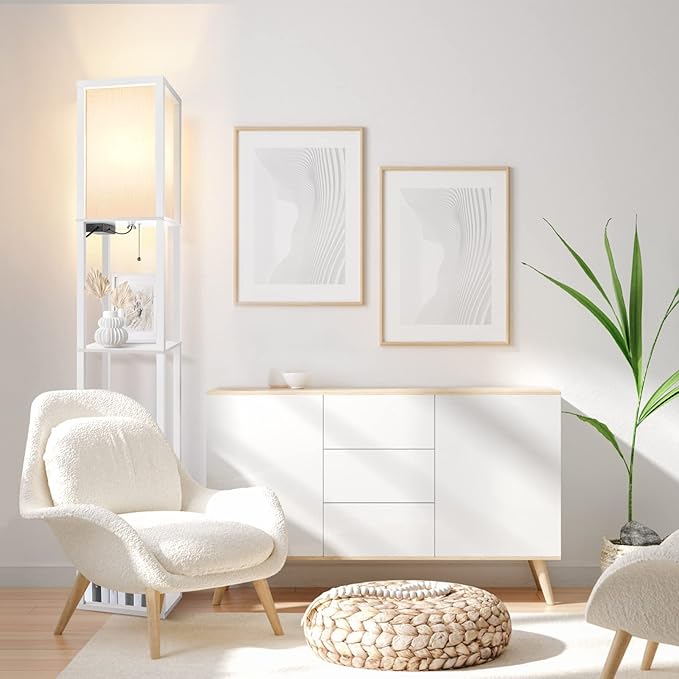 OUTON Floor Lamp with Shelves, LED Modern Shelf Floor Lamp with 2 USB Ports & Power Outlet, 3 Color Temperature, Storage Display Wood Column Standing Tall Lamp for Living Room, Bedroom, Office (White) - LeafyLoom