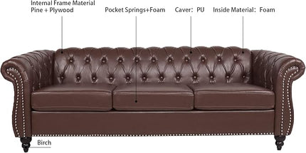3-Seaters Living Room Clasic Chesterfield Sofa Couch Button Tufted PU Leather Upholstered Sofa&Couch with Luxury Roller Armrest Soild Wood Legs Movable Cushions & Nailhead Decor - LeafyLoom