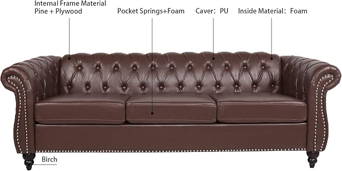 3-Seaters Living Room Clasic Chesterfield Sofa Couch Button Tufted PU Leather Upholstered Sofa&Couch with Luxury Roller Armrest Soild Wood Legs Movable Cushions & Nailhead Decor - LeafyLoom