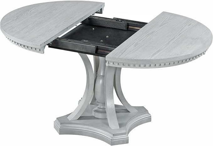 5-Piece Retro Elegant Extendable Round Dining Table Set with 4 Curved Armrest Upholstered Chairs for Kitchen, Breakfast Nook, Living Room, Oak, 42"-58"L x 42"W x 30"H, Antique Gray(Armchairs) - LeafyLoom