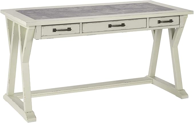 Signature Design by Ashley Jonileene Farmhouse Home Office Desk with Drawers, White & Gray - LeafyLoom
