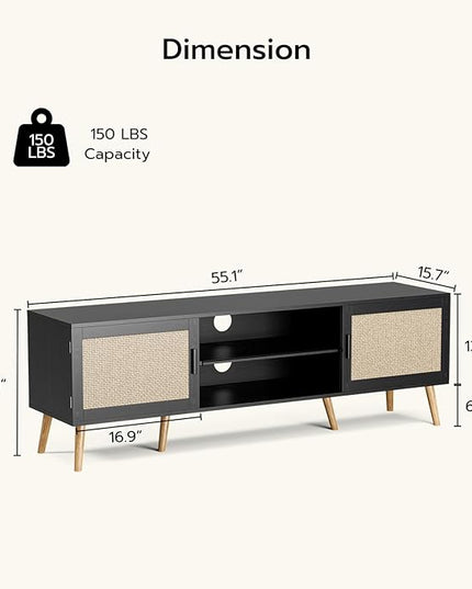 TV Stand for TVs up to 65'', Entertainment Center with Rattan Door, Shelves & 2 Cabinets, Boho Media TV Console for Living Room, Bedroom, Black - LeafyLoom