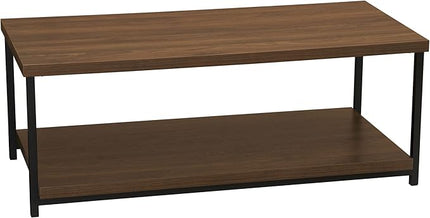Household Essentials Jamestown Rectangular Coffee Table with Storage Shelf Mid Century Walnut Wood Grain and Black Metal - LeafyLoom