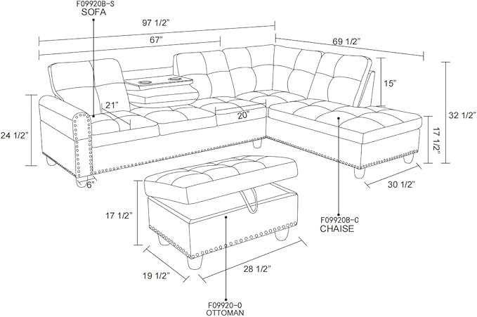 ROOMTEC L Shaped Sectional Sofa with Storage Ottoman, Right Facing Chaise Longue, Reversible Backrest w/ 2 Cup Holders, Semi PU Synthetic Leather Tufted Cushions, for Living Room, Ginger - LeafyLoom