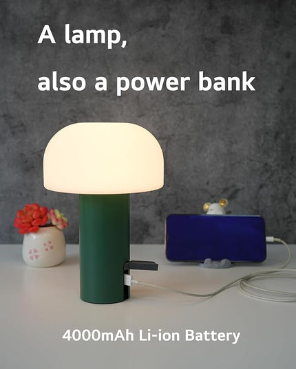 Outdoor Mushroom Table Lamp Rechargeable, Cordless Lamps for Patio Waterproof, Portable Battery Operated Lamp with USB Charging, Touch Dimming Night Light for Home/Porch/Restaurant (Green) - LeafyLoom