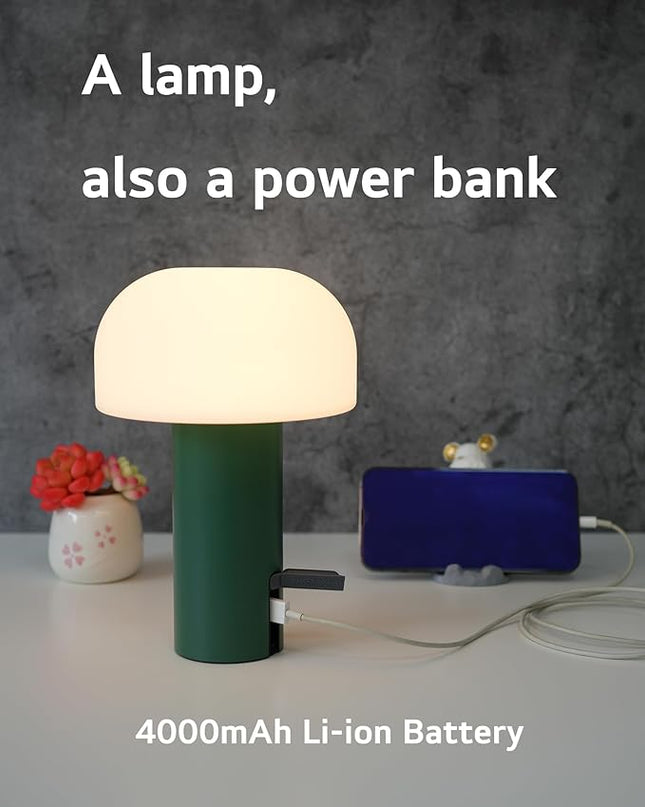 Outdoor Mushroom Table Lamp Rechargeable, Cordless Lamps for Patio Waterproof, Portable Battery Operated Lamp with USB Charging, Touch Dimming Night Light for Home/Porch/Restaurant (Green) - LeafyLoom