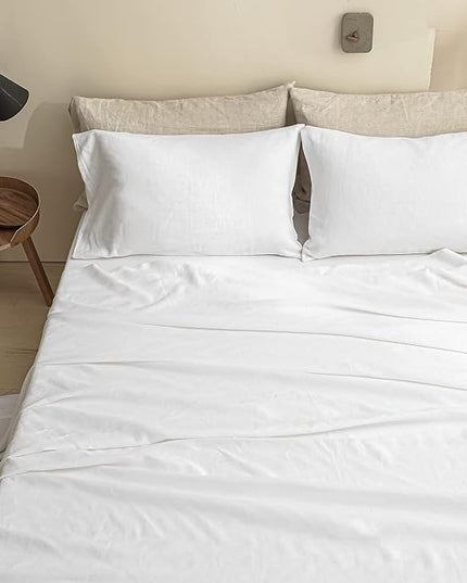 Simple&Opulence 100% Linen Sheet Set Solid Color-3 Pcs Washed French Linen Bed Sheets-Breathable Bedding Set-1 Flat Sheet,1 Fitted Sheet,1 Pillowcase(Twin, Basic White) - LeafyLoom