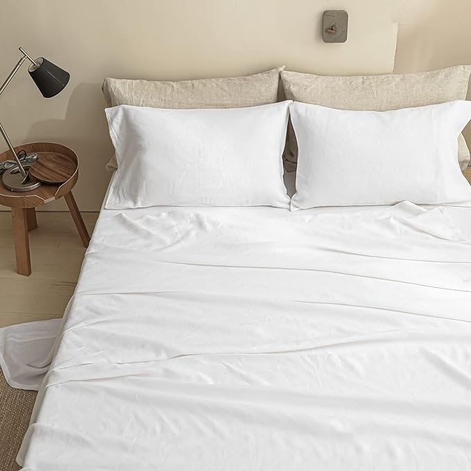 Simple&Opulence 100% Linen Sheet Set Solid Color-3 Pcs Washed French Linen Bed Sheets-Breathable Bedding Set-1 Flat Sheet,1 Fitted Sheet,1 Pillowcase(Twin, Basic White) - LeafyLoom