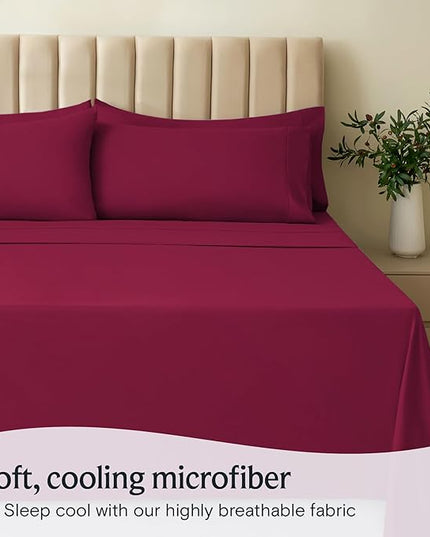 LuxClub 7 PC Split King Sheet Set, Breathable Luxury Bed Sheets, Deep Pockets 18" Eco Friendly Wrinkle Free Cooling Sheets Machine Washable Hotel Bedding Silky Soft - Burgundy Split King - LeafyLoom