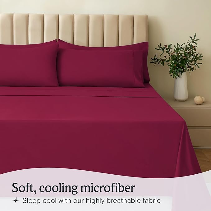LuxClub 4 PC Sheet Bed Sheets Deep Pockets 18" Eco Friendly Wrinkle Free-Kids-Fitted Sheets Machine Washable Hotel Bedding Silky Soft - Burgundy Twin - LeafyLoom