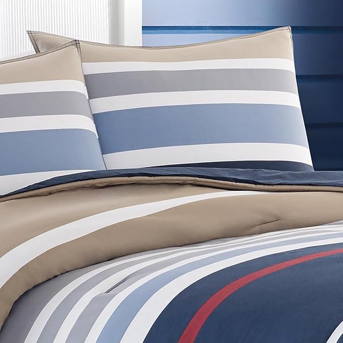 Nautica - Queen Comforter Set, Cotton Reversible Bedding with Matching Shams, Stylish Home Decor (Bradford Navy/Kahki, Queen) - LeafyLoom