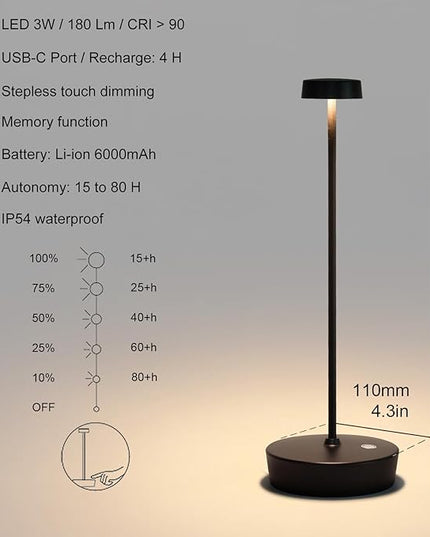 Cordless Table Lamp Rechargeable Outdoor Waterproof Portable Battery Operated LED Table Light - for Home Restaurant Desk Bar Patio Kitchen Dinning Party (Black) - LeafyLoom