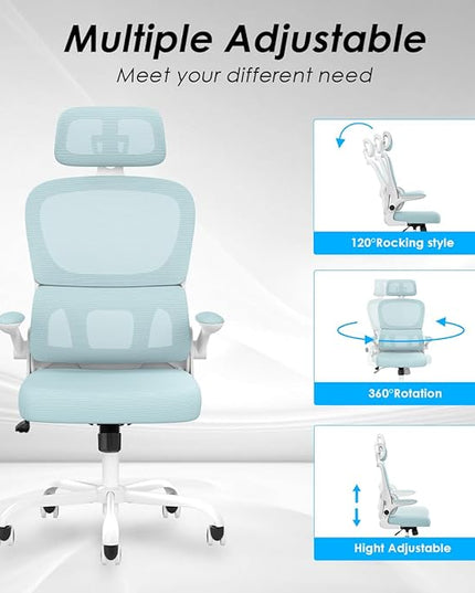 Soohow Ergonomic Home Office Chair, Mesh Desk Chair with Lumbar Support, Comfy Computer Desk Chair with Flip Armrest Rolling Wheels, Adjustable Headrest, Blue. - LeafyLoom