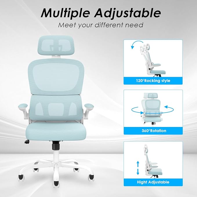Soohow Ergonomic Home Office Chair, Mesh Desk Chair with Lumbar Support, Comfy Computer Desk Chair with Flip Armrest Rolling Wheels, Adjustable Headrest, Blue. - LeafyLoom