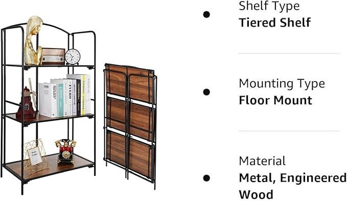 No Assembly Folding Bookshelf, 3 Tier Black Bookshelf, Metal Book Shelf for Storage, Folding Bookcase for Office Organization and Storage, 12.6" D x 22.44" W x 42.13" H - LeafyLoom
