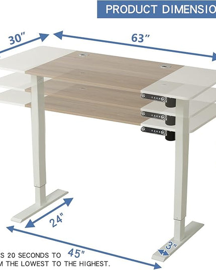 Adjustable Height Electric Standing Desk - 63 x 30 Inch Sit Stand Computer Desk with Splice Board, Stand Up Desk Table for Home Office, White Frame/White and Oak Top - LeafyLoom