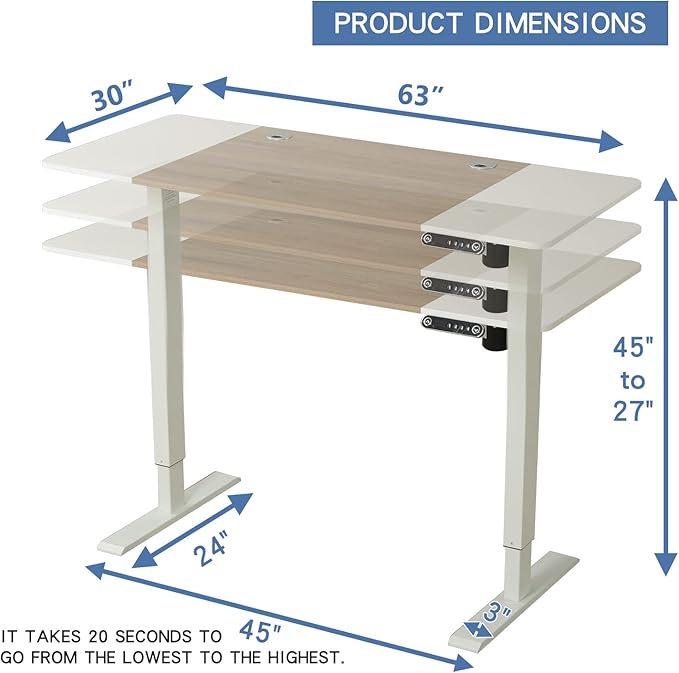 Adjustable Height Electric Standing Desk - 63 x 30 Inch Sit Stand Computer Desk with Splice Board, Stand Up Desk Table for Home Office, White Frame/White and Oak Top - LeafyLoom