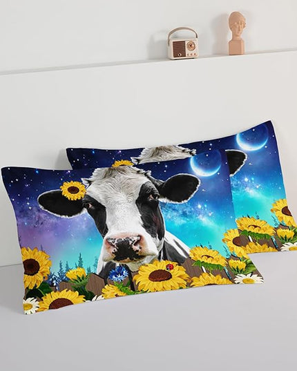 HOSIMA Cow Print Comforter with 2 Pillowcases,Farm Animal Theme Bedding Set Sunflower Twin Bed in a Bag Sets for Adults Teens Kids,Farm Starry Sky Toddler Comforter Floral Bedding Set. - LeafyLoom