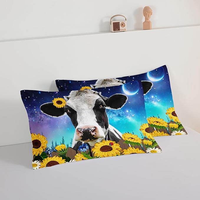 HOSIMA Cow Print Comforter Set with 2 Pillowcases,Farm Animal Theme Comforter Western Bedding Set Queen Size for Adults Teens Kids,Farm Starry Sky Toddler Comforter Sunflower Bedding Set. - LeafyLoom