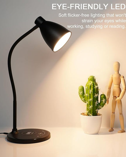 Desk Lamp with USB Charging Port Table Lamp Wireless Charger Dimmable Dorm Lamp 5 Colors 7 Brightness Levels Touch Bedside Table Lamps Gooseneck Reading Light for Home Office - LeafyLoom