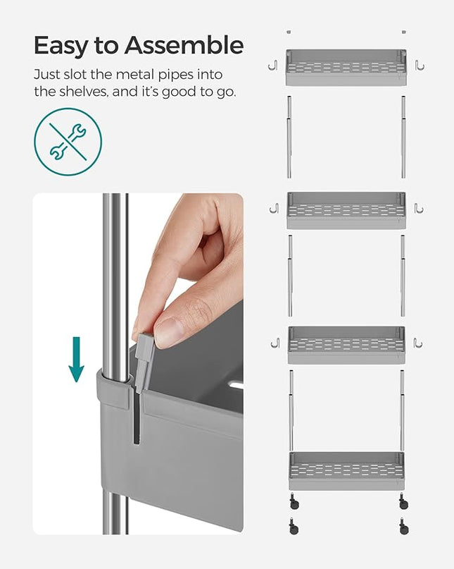 SONGMICS Slim Storage Cart, 4-Tier Rolling Cart, Narrow Utility Cart on Wheels, 6 Hooks, 360° Swivel Wheels, Lockable, Steel Frame, Bathroom, Kitchen, Office, Dove Gray UKSC010G01 - LeafyLoom