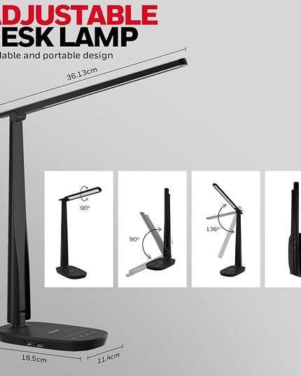 Honeywell Sunturalux™ LED Desk Lamp Dimmable Desk Light with USB A+C Dual Charging Port Eye-Caring Foldable Table Lamp with 4 Color Modes for Home Office Bedroom Reading Study Work HWT-H2B Black - LeafyLoom