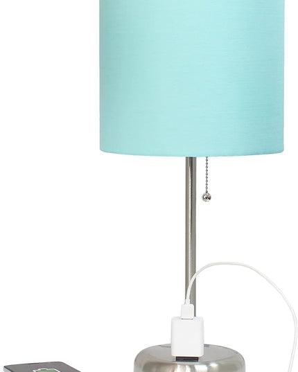 Simple Designs LT1144-AQU Sleek and Slender Brushed Steel Table Lamp with Charging Outlet, for Bedroom, Living Room, Entryway, Office, Dining Room, Study, Aqua Shade - LeafyLoom