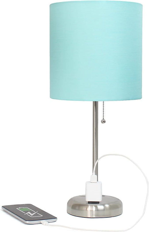 Simple Designs LT1144-AQU Sleek and Slender Brushed Steel Table Lamp with Charging Outlet, for Bedroom, Living Room, Entryway, Office, Dining Room, Study, Aqua Shade - LeafyLoom