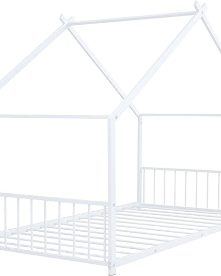 RITSU Twin Size Montessori Floor House Bed, Bedframe with Metal Slat & with Headboard and Footboard, Sturdy Construction, for Children's Room, Girls, Boys, White - LeafyLoom