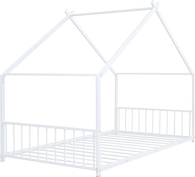 RITSU Twin Size Montessori Floor House Bed, Bedframe with Metal Slat & with Headboard and Footboard, Sturdy Construction, for Children's Room, Girls, Boys, White - LeafyLoom