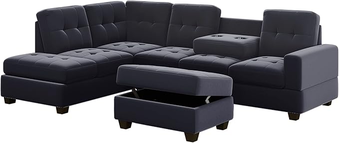 Modular Sectional Sofa for Living Room Furniture Sets, Reversible Chaise, Upholstered L-Shaped Sofa&Couch with Storage Ottoman & Cup Holders, 6 Seat Corner Couch, Black CupHolders - LeafyLoom