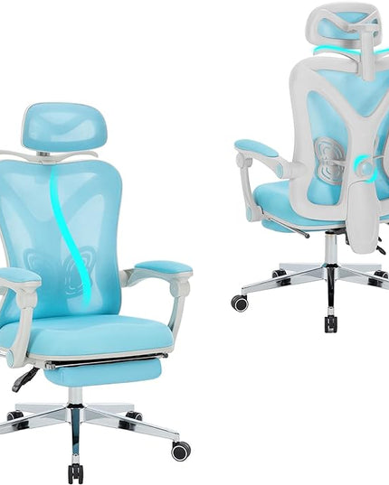 Ergonomic Office Chair with Footrest | Adjustable Lumbar Support, Reclining Desk Chair with Leg Rest, Comfortable Mesh Computer Chair for Home & Office (Blue) - LeafyLoom