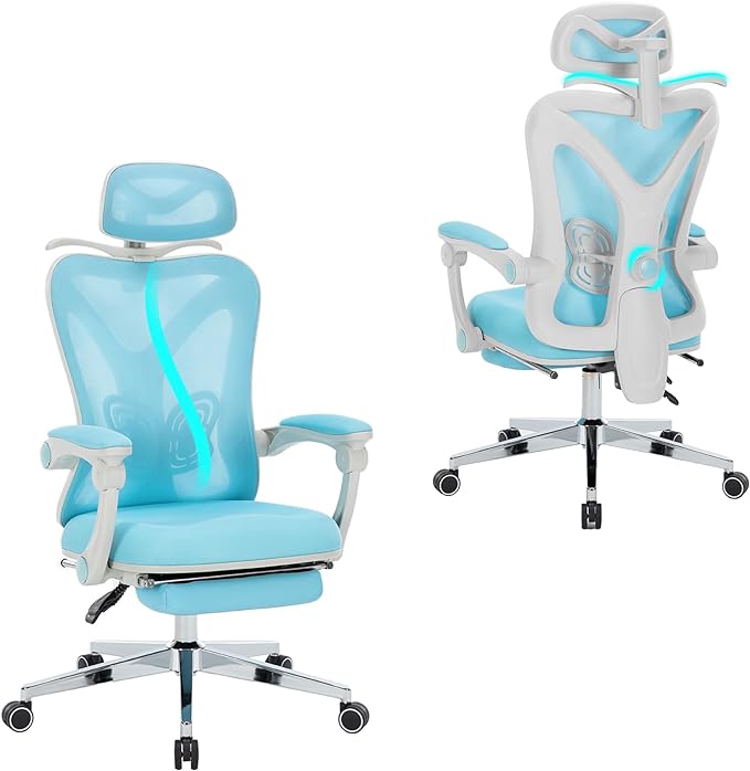 Ergonomic Office Chair with Footrest | Adjustable Lumbar Support, Reclining Desk Chair with Leg Rest, Comfortable Mesh Computer Chair for Home & Office (Blue) - LeafyLoom