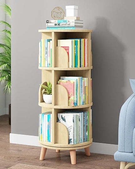 Gdrasuya10 3 Tier Rotating Bookshelf with Legs, Revolving Bookcase Standing Small Bookshelf Storage Wood Bookcase 360 Display Book Shelf Easy Assemble for Bedroom Study Room - LeafyLoom