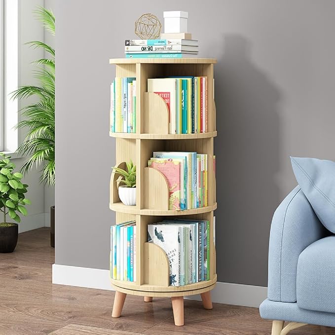 Gdrasuya10 3 Tier Rotating Bookshelf with Legs, Revolving Bookcase Standing Small Bookshelf Storage Wood Bookcase 360 Display Book Shelf Easy Assemble for Bedroom Study Room - LeafyLoom