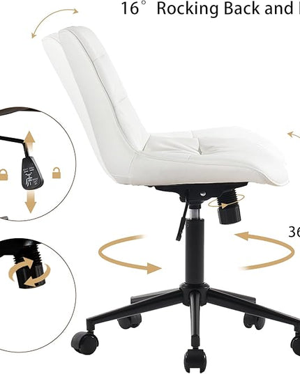 Kidol & Shellder Armless Office Chair Desk Chair Comfy Makeup Vanity Chair with Back Ergonomic Swivel Chair Home Office Desk Chairs with Wheels Rolling Computer Chair Bedroom Accent Chair(White) - LeafyLoom