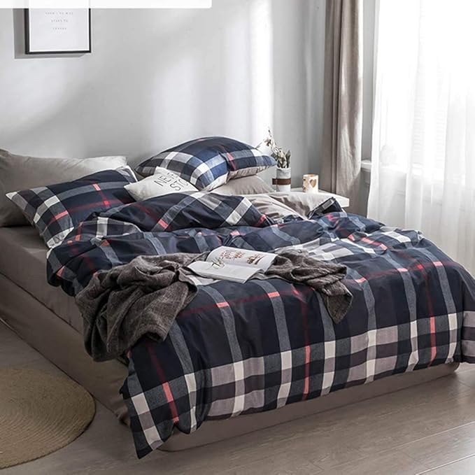 Navy Plaid Comforter Set Twin Multicolor Checkered Bedding Quilt Set Navy Blue Tartan Grid Comforter Striped for Women Teens Adult Navy Checkered Comforter - LeafyLoom