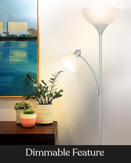 Brightech Sky Dome Plus LED Floor lamp, Torchiere Super Bright Floor Lamp with Reading Lamp for Living Rooms & Offices - Dimmable Tall Standing Lamp for Bedroom Reading - Silver - LeafyLoom