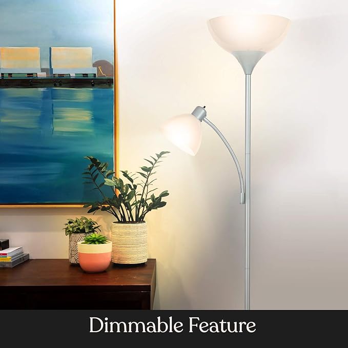 Brightech Sky Dome Plus LED Floor lamp, Torchiere Super Bright Floor Lamp with Reading Lamp for Living Rooms & Offices - Dimmable Tall Standing Lamp for Bedroom Reading - Silver - LeafyLoom