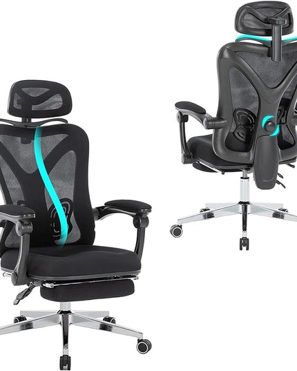 Ergonomic Office Chair with Footrest | Adjustable Lumbar Support, Reclining Desk Chair with Leg Rest, Comfortable Mesh Computer Chair for Home & Office (Black) - LeafyLoom
