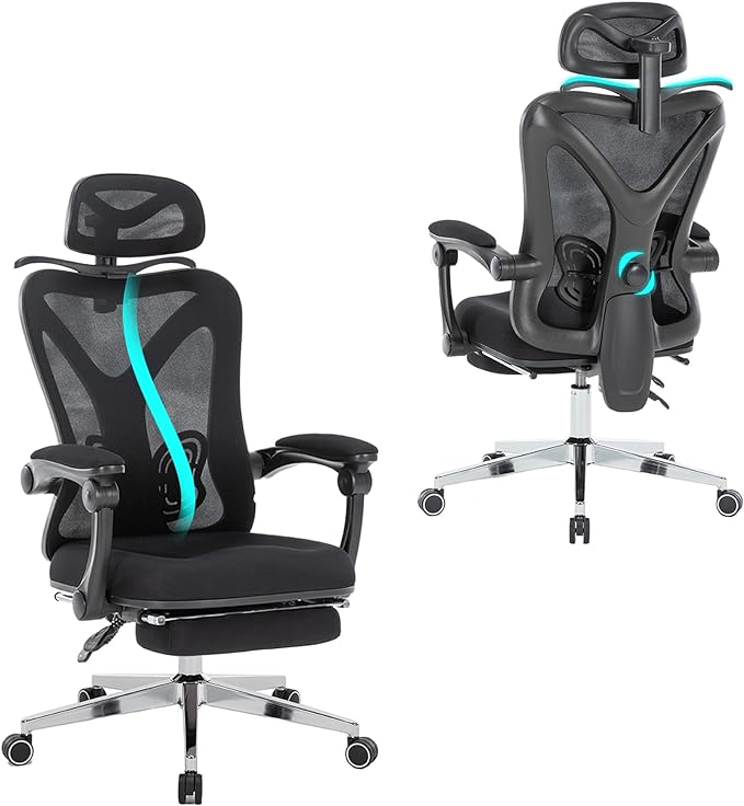 Ergonomic Office Chair with Footrest | Adjustable Lumbar Support, Reclining Desk Chair with Leg Rest, Comfortable Mesh Computer Chair for Home & Office (Black) - LeafyLoom