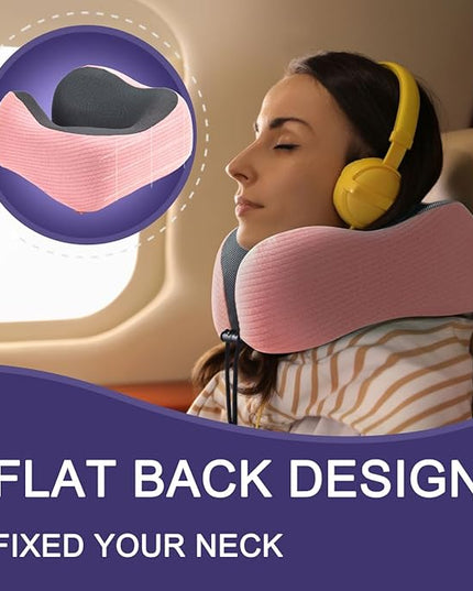 napfun Neck Pillow for Traveling, Upgraded Travel Neck Pillow for Airplane 100% Pure Memory Foam Travel Pillow for Flight Headrest Sleep, Portable Plane Accessories, Pink - LeafyLoom